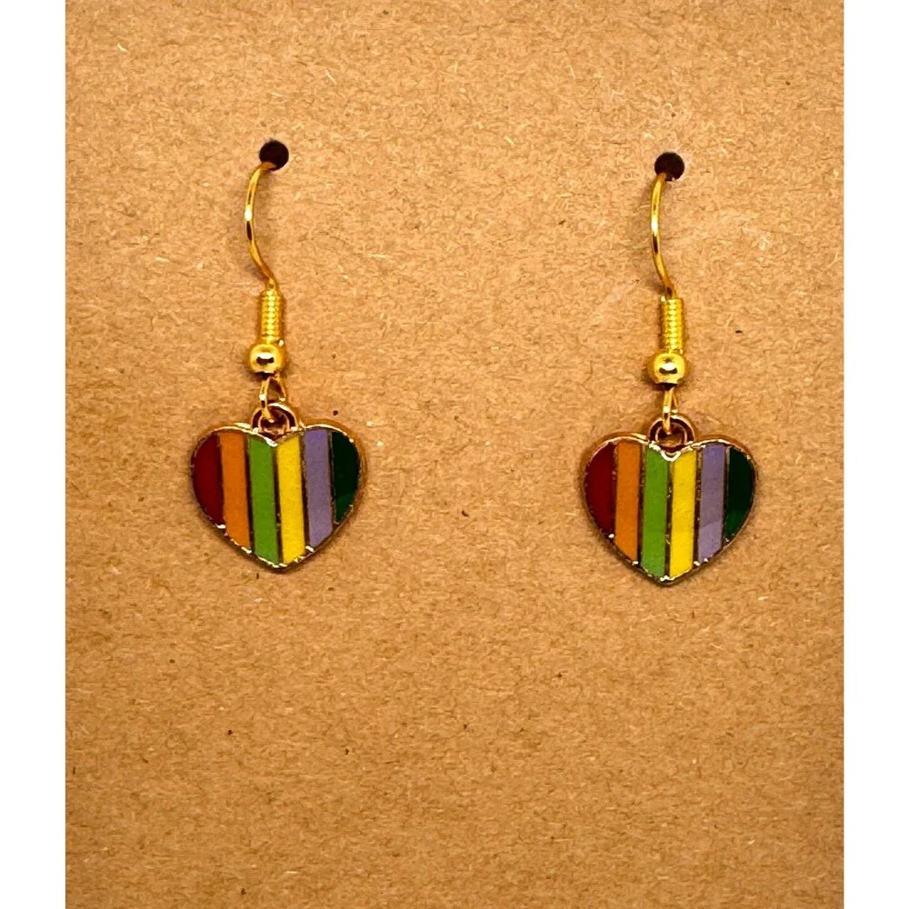 Enamel Rainbow Heart Charm 10kt Gold Plated Hook Earrings #2192